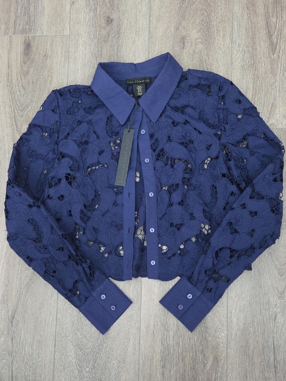 House of Harlow 1960 Navy Lace Collared Button Shirt Women Size XS